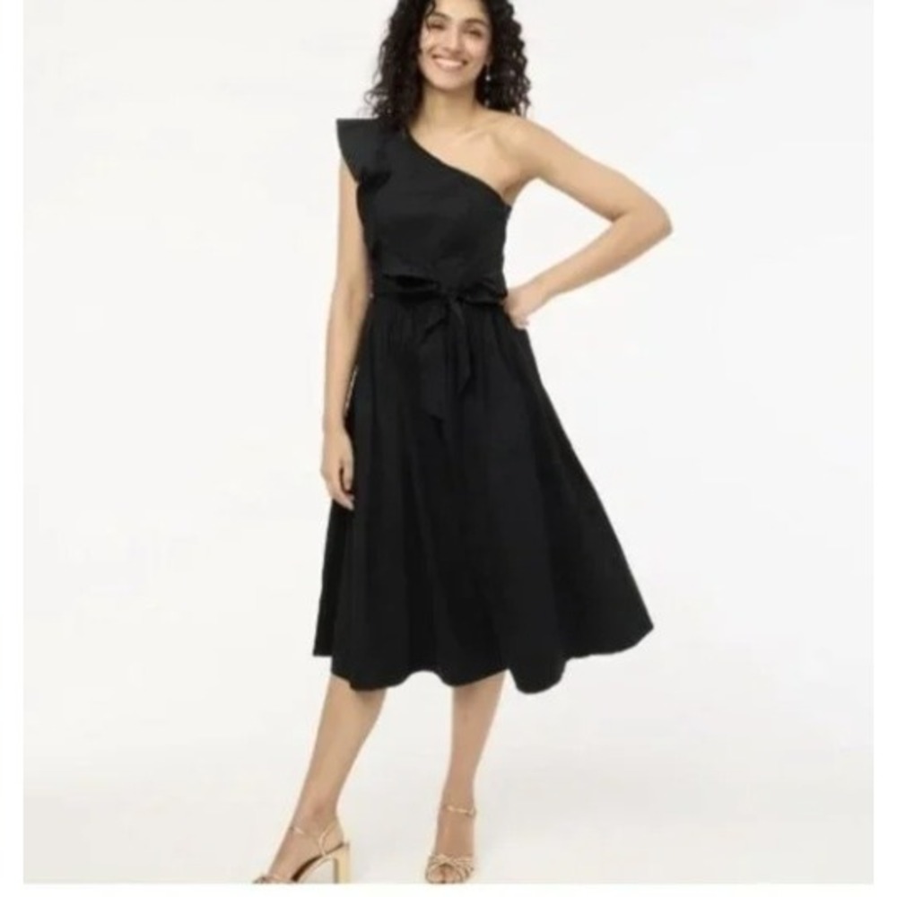 J.Crew Black One-Shoulder Ruffle Midi Dress CA430 Size‎ 2 NEW